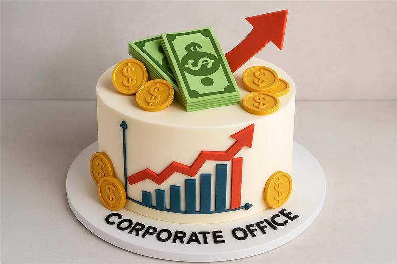 Corporate-themed cake with fondant dollar bills, gold coins, upward arrow, and bar graph design