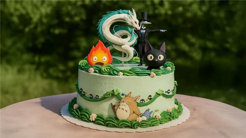 Studio Ghibli themed cakes with Totoro, soot sprites, Haku dragon, Calcifer, Jiji, and the Baron.
