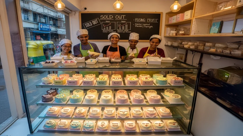 Bakery team of five bakers behind display counter with custom cakes