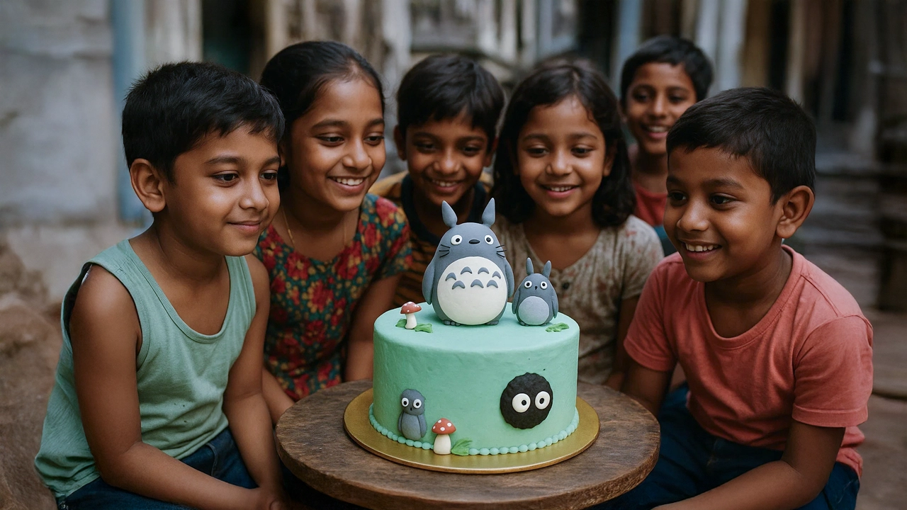 Children gathered around a green Totoro-themed birthday cake with fondant figures and mushrooms.