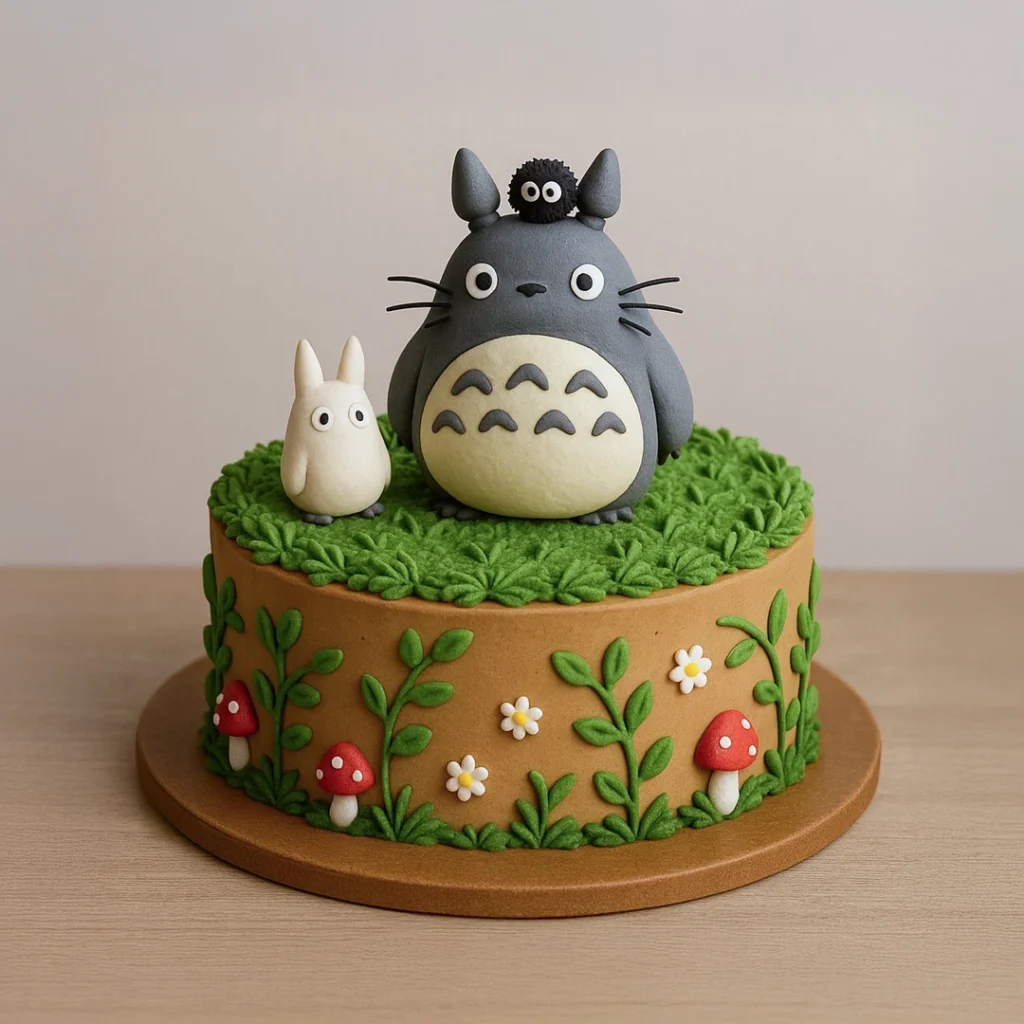 Totoro-inspired cake with green grass icing and fondant forest character figures.