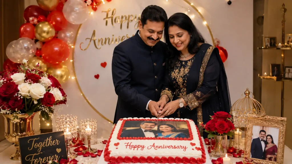 A married couple celebrates their marriage anniversary with a customized photo cake with beautiful decoration.