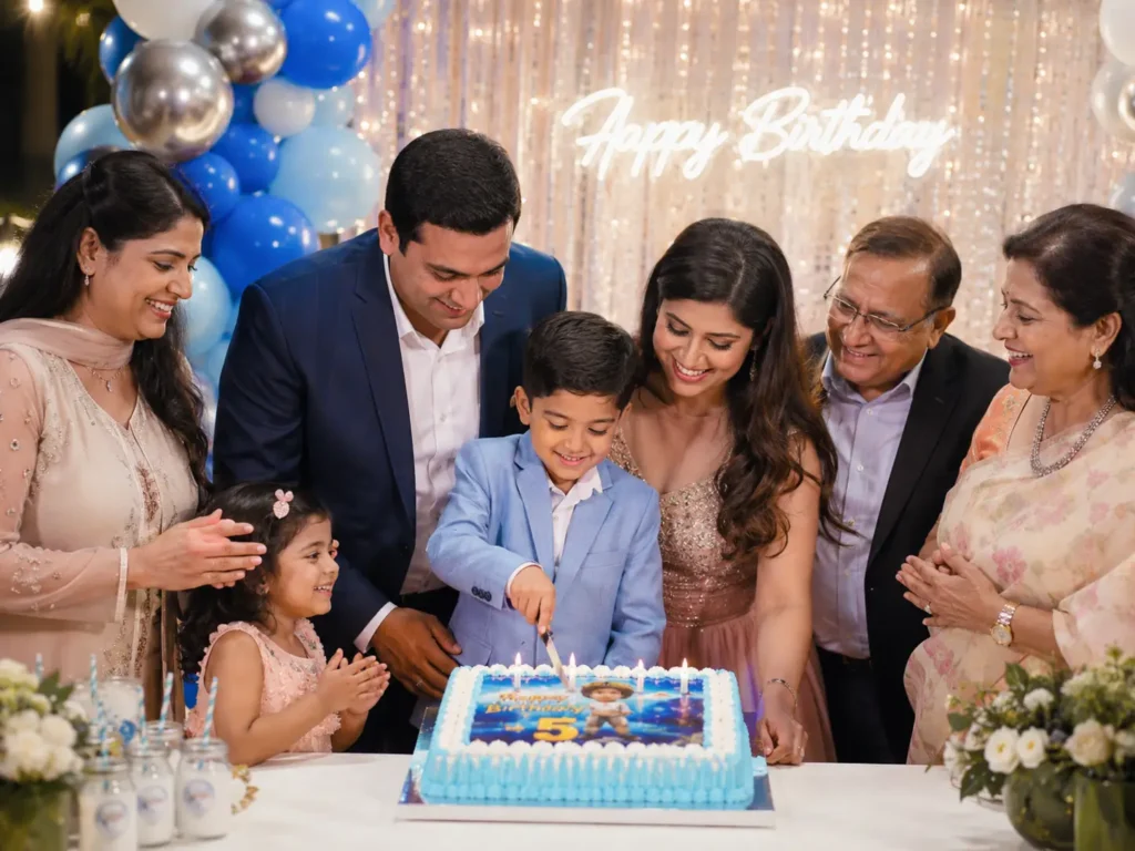 A boy cut his birthday photo cake with the entire family