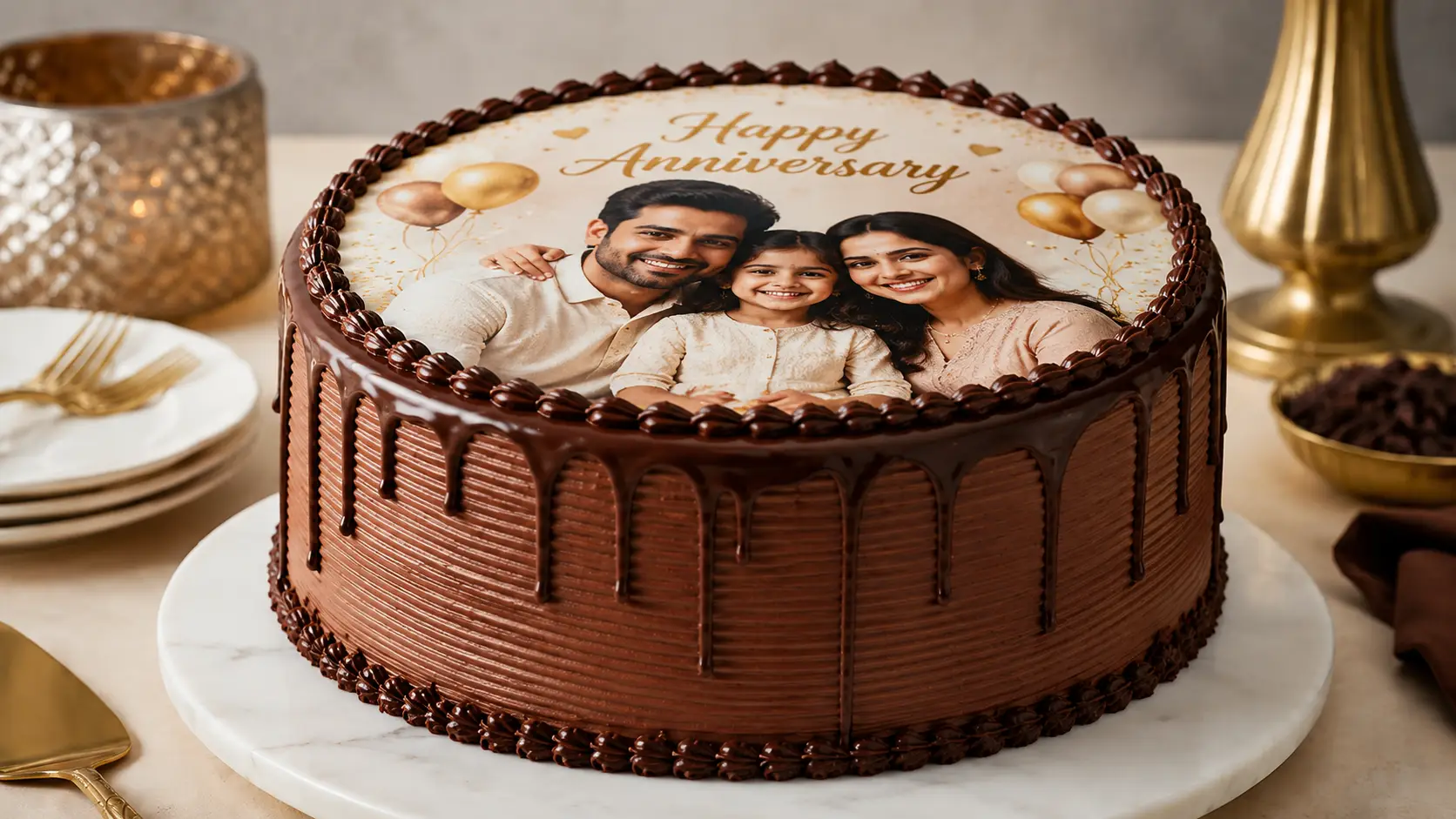 A chocolate photo cake with a family image on white marble